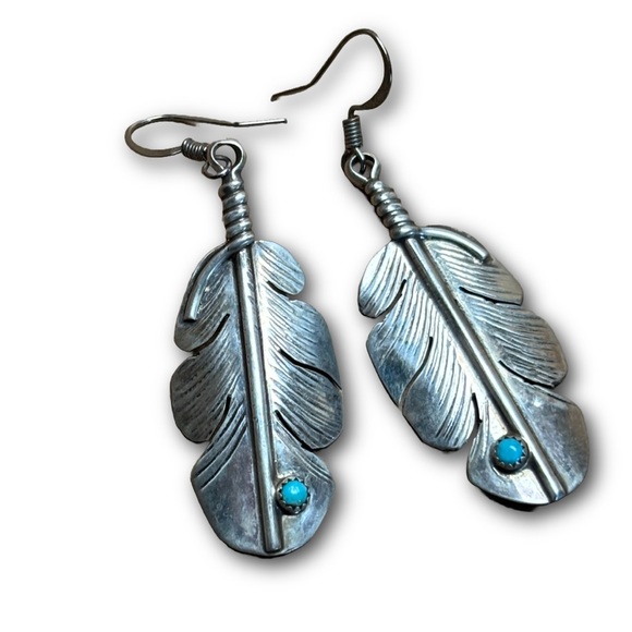 Sterling Silver Feather Earrings with Turquoise – Signed AD
